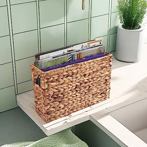 Yesland Hand-Woven Narrow Water Hyacinth Holder Wicker Basket, 15.5 x 5.5 x 9.75 Inch Decorative Magazine Storage Basket Bin for Home, Office, Desk - Image 4
