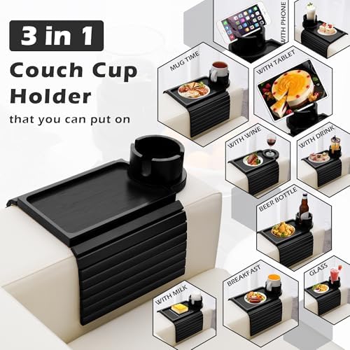 GHKINMAL Couch Arm Tray with Cup Holder,Fits Arm 6.3"+Wider,Black Bamboo - Image 3