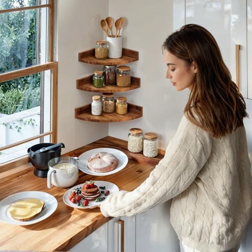 Demigo Corner Shelf Wall Mount Set of 3, Solid Acacia Wood Round Floating Corner Shelves for Storage and Display, Hanging Wood Shelves for Bedroom, Kitchen, Living Room, Bathroom (Brown) - Image 6