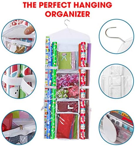 Wrapping Paper Storage Hanging Over the Door Gift Wrap Organizer Double Sided Front and Back Pockets Store Gift Wrap Gift Bags Ribbon Bows Accessories 40”x17” Fits Long 40 Inch Rolls (White) - Image 3