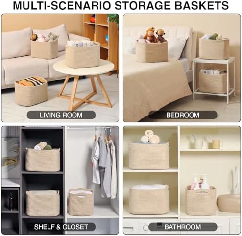 ICERZCZ Decorative Storage Baskets for Organizing Shelves, Toy Basket for Nursery, Woven Cotton Rope Baskets for Decor, Towel Basket for Bathroom, 15"x11"x9.5", 3 Packs, Brown - Image 5