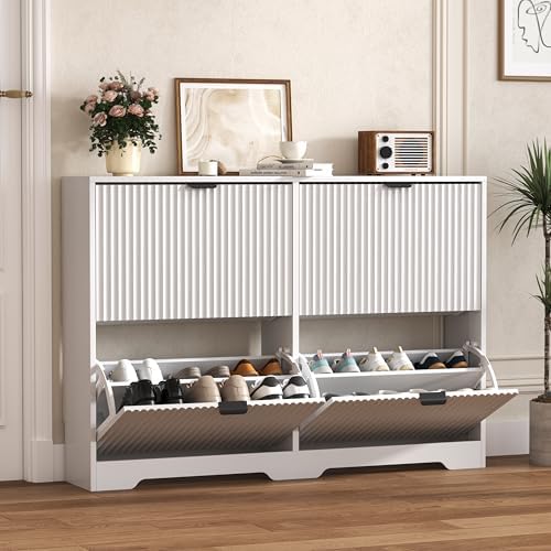 Shoe Cabinet Storage for Entryway with 4 Flip Drawers, White Fluted Shoe Cabinet with Adjustable Shelves, Wooden Hidden Shoes Rack Freestanding Narrow Slim Shoes Storage for Hallway, Entrance by HUANLEGO