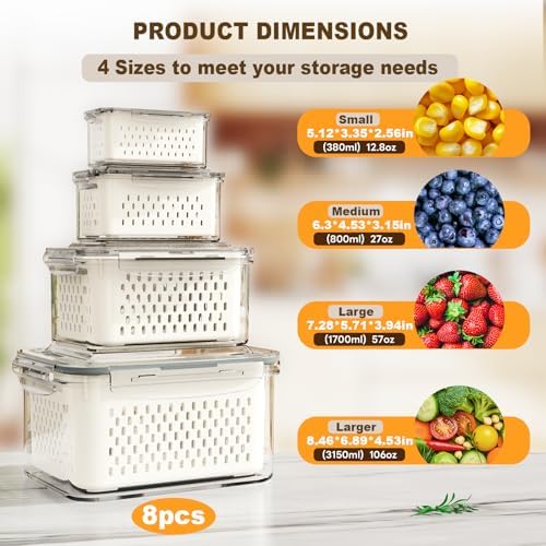 Dayacoco Fruit Storage Containers for Fridge 8 Pcs with Drain Basket - Image 2
