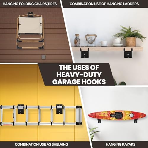 14" Large Heavy Duty Garage Hooks, Steel Garage Storage Hooks with Support Rods, Utility Wall Mount Hangers for Power Tools, Car Tires, Ladders, Chairs, Garden Tools and More (2-Pack 14" Heavy Hooks) - Image 4