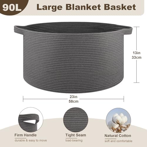 OIAHOMY 90L Extra Large Blanket Basket - Decorative Cotton Rope Storage Basket for Bedroom, Living Room & Nursery - Woven Laundry Hamper for Organizing Blankets, Clothes & Toys - Grey - Image 2