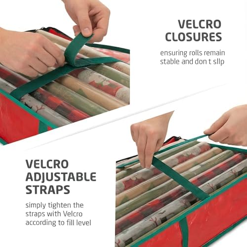 ZOBER Gift Wrapping Paper Organizer Storage - 40" Gift Wrap Storage Containers With Interior Pockets For Bows, Tags & Ribbons - Wrapping Paper Holder, Waterproof, Fits 24 Standard Rolls, Red - Image 5