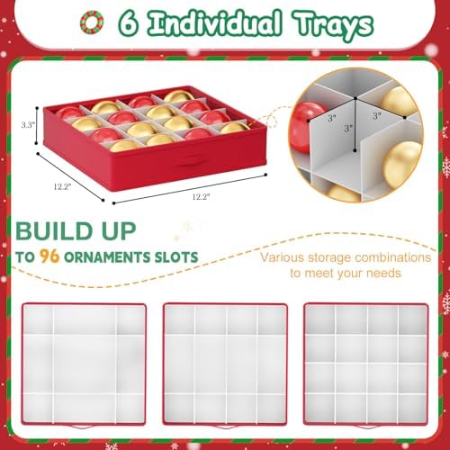 FUHSY Christmas Ornament Storage Box 96-3" Slots Adjustable Dividers Ornament Storage Container Ornament Organizer with Trays Stackable Christmas Storage Bins with Lids Holiday Ornament Boxes - Image 3