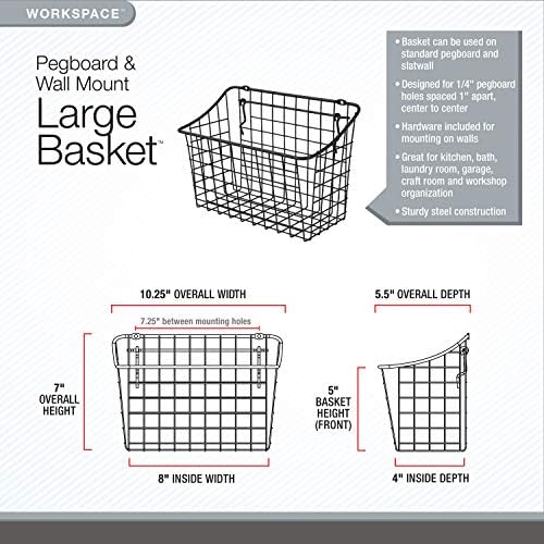 Spectrum Large Wire Basket Pegboard Wall Organizer Metal Pegboard Storage Bin Dual Mounting System for Garage Tools Workshop Supplies Craft Room Organization & Accessories, Industrial Gray - Image 3