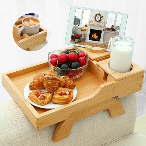 GHKINMAL Bamboo Couch Cup Holder, 4 in 1 Couch Arm Trays with 360°Rotated Phone Holder, Non-Slip Clip on Side Table for Drinks/Remote/Snacks, Ideal Gift for Husband, Wife, Parents by GHKINMAL