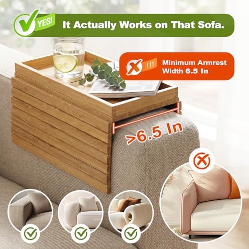 Sofa Arm Tray, Fits 6.5"+ Couch Armrest, Foldable Bamboo Large Storage Tray - Image 2