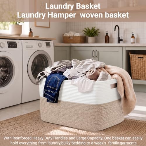 Large Laundry Baskets/Hamper, 25”x16”x16” Rectangle Woven Baskets for Toy Storage, Baby Blanket Basket in Living Room,Shelf Basket With Handle,Large White/Brown - Image 6