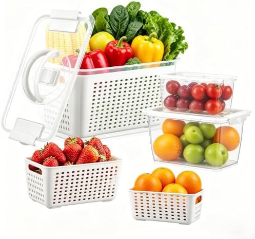 LUXEAR Produce containers for fridge,3 Set Fruit Containers with Removable Colander, BPA-Free Produce Saver Containers with Lids Dishwasher&Microwave Safe Keep Fruits, Vegetables, Berry, Fresh Longer by Luxear
