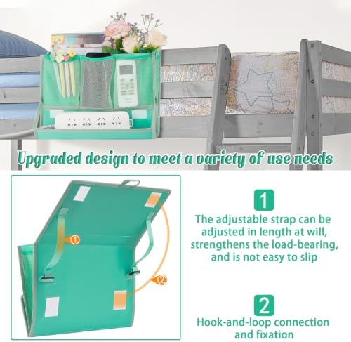 Bedside Caddy Organizer for Dorm Bed Rails with 7 Pockets, Green - Image 4