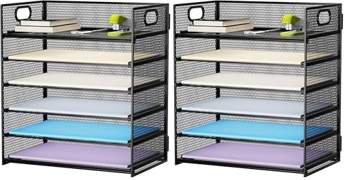 Marbrasse 6 Tier Paper Organizer Letter Tray - Mesh Desk File-Organizer with Handle, Paper Sorter Organizer for Letter/A4 Office File Folder Holder - Black (Pack of 2) by Marbrasse