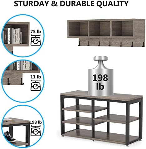 Tribesigns Coat Rack Shoe Bench Set Industrial, Hall Tree with 3 Storage Cubbies, 7 Hooks for Entryway, Hallway, 5-in-1Design, Vintage Grey - Image 4