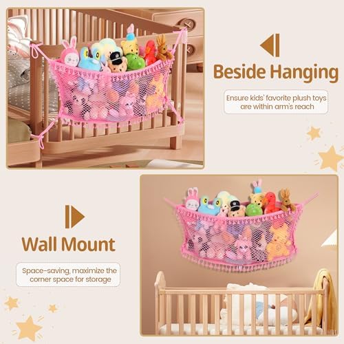 Stuffed Animal Storage Net, Large Bedside Toy Organizer Net, Cotton Plushie Toy Storage Hammock with Tether for Stuffed Animals Room Organization (Pink, 2 Pack) - Image 4