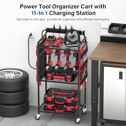 JUNNUJ Power Tool Charging Organizer Cart, 8 Outlet 3 USB, 6 FT Cord, Red - Image 3