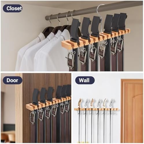 Ohuhu 2 in 1 Belt Hanger for Closet, 14 Slots 13 Hooks Wooden Organizer - Image 5