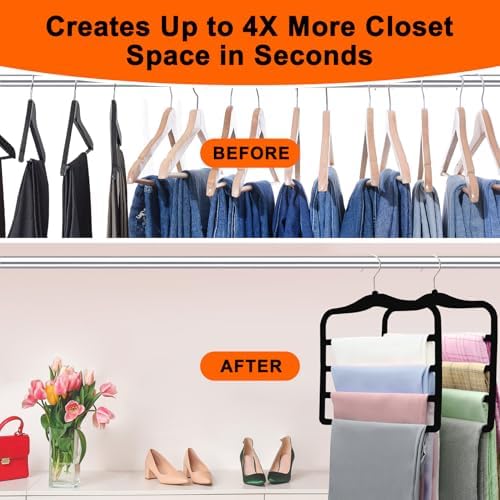 4 Pack Space Saving Velvet Pants Hangers, Dorm Room Essentials, Non-Slip Multi-Tier Closet Organizer for Jeans & Slacks, Maximize Wardrobe Storage with Multi-Purpose Rack for Shorts, Scarves & Ties - Image 2