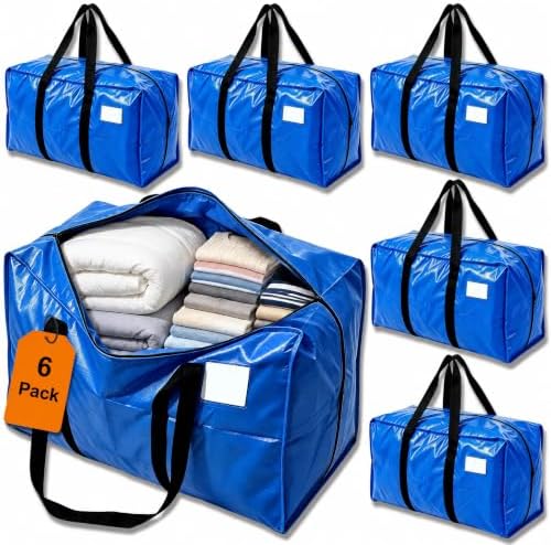 24 GAL Heavy Duty Moving Bags Blue 6 Pack - Backpack Straps & Handles, Large Zipper Storage Bags for Clothes, Water-Resistant College Dorm & Moving Essentials by JVLJVL