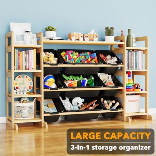 SpaceAid Large Toy Storage Organizer 9 Shelves 9 Bins, Toy Organizers Storage Bookshelf, Kids Bin Shelf Toys Box Bookcase for Bedroom Playroom Organization Room Decor, Neutral Gray - Image 2