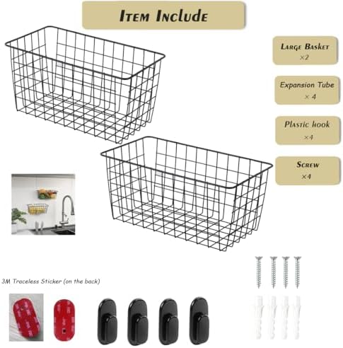 2 Pack【Extra Large】Hanging Kitchen Basket,Wire Storage Basket,with Traceless Tape and 3M High-Strength Plastic Hooks,no Drilling,for Cabinet Storage,Kitchen,Bathroom,Storage Room,large capacity - Image 3