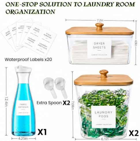 3+1 Pack Laundry Pods Containers & Dryer Sheet Holder & 64 oz Laundry Detergent Dispenser with Pump, Laundry Room Organization and Storage Jars with Lids, Labels and Scoops for Scent Booster, Powder - Image 2