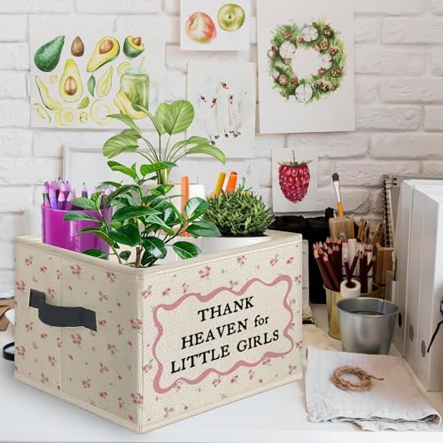 Pink Floral Girl Nursery Foldable Storage Bins Box with Handles, Thank Heaven for Little Girls Collapsible Toys Books Clothes Organizer Basket for Kids Girls Room Bathroom Bedroom - Image 2