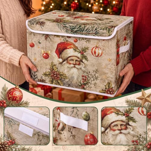 Briwooody Vintage Christmas Storage Bin with Lid and Carrying Handle Retro Santa Claus Foldable Storage Box Large Xmas Decorative Collapsible Container Basket for Organizing Closet Home Bedroom Gift - Image 3