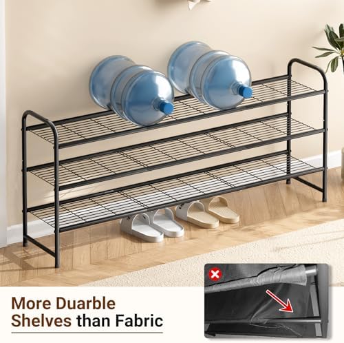 KEETDY 3-Tier Long Shoe Rack for Closet Metal Shoe Organizer for Entryway, Wide Stackable Shoe Storage Shelf with Sturdy Wire Grid for Closet Floor, Bedroom, Black - Image 4