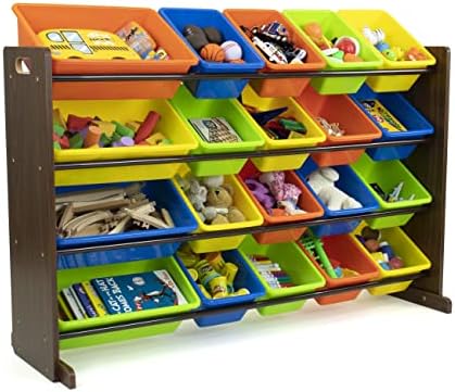 Humble Crew Extra-Large Toy Organizer with 20 Plastic Bins – Dark Walnut/Neon Storage Rack with 4-Tier Shelves, Anti-Tip Safety, for Kids’ Rooms, Playrooms, Nurseries & Classrooms by HumbleCrew