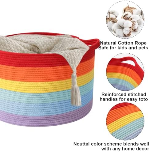 65L Large Blanket Basket,Rope Woven Laundry Basket-Rainbow - Image 3