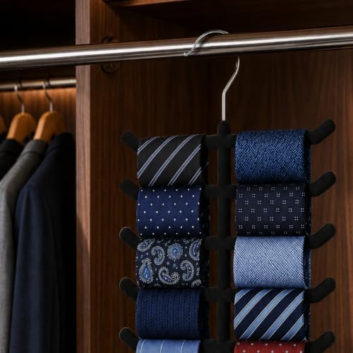Hangerworld Single Black Flocked Tie Rack & Belt Organiser Non-Slip Coat Clothes Accessory Hanger, Metal - Image 7