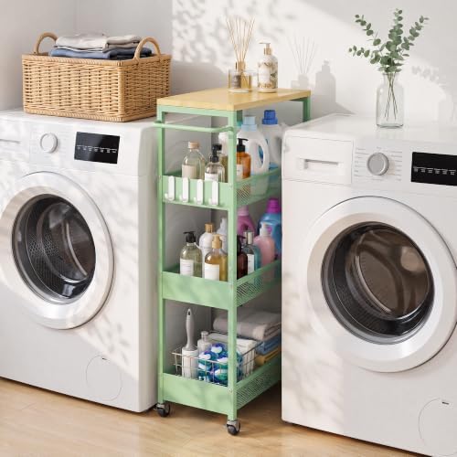9.1" Wide Slim Rolling Utility Cart, 4 Tier Metal Narrow Storage Cart with Handle and Wood Top, Multifunctional Small Mobile Shelf Unit Organizer Trolley for Laundry, Bathroom, Kitchen - Image 2