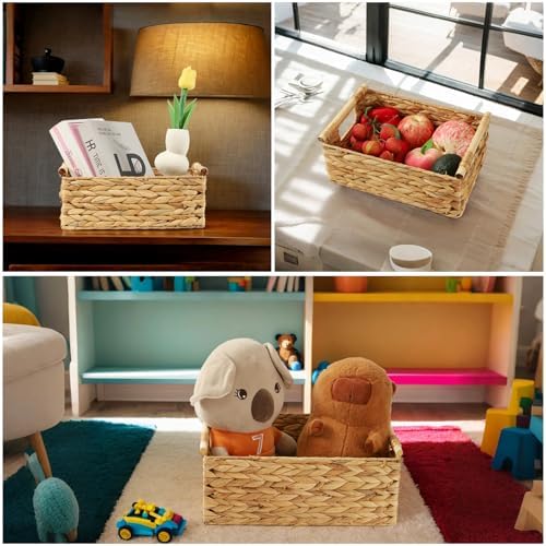 Wicker Storage Baskets for Organizing 3 Pack,Natural Water Hyacinth Ratten Baskets with Wooden Handles, Decorative Handwoven Storage Baskets for Shelves, Bathroom, Pantry or Kitchen - Image 7