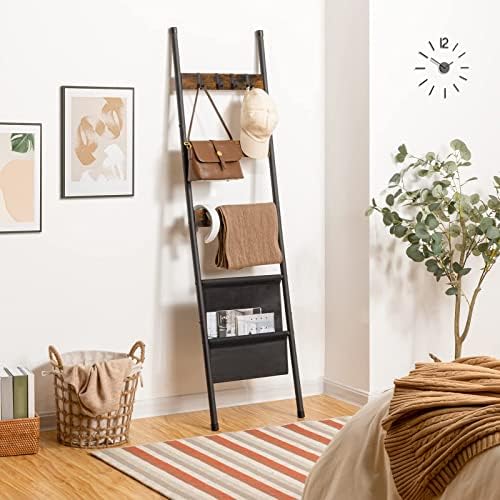 HOOBRO Blanket Ladder, 5 Tier Towel Rack, 17.3" L x 63" H, Wall-Leaning Blanket Rack for Living Room, Decorative Ladder with 4 Hooks and Magazine Pocket, Rustic Brown BF32CJ01 - Image 2