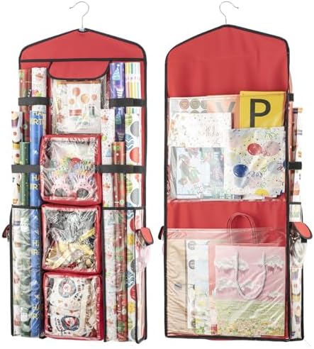 Christmas Wrapping Paper Organizer Storage, Hanging Gift Bag Storage Organizer, Double-Sided Wrapping Paper Holder Storage - Red by EOLIMEX