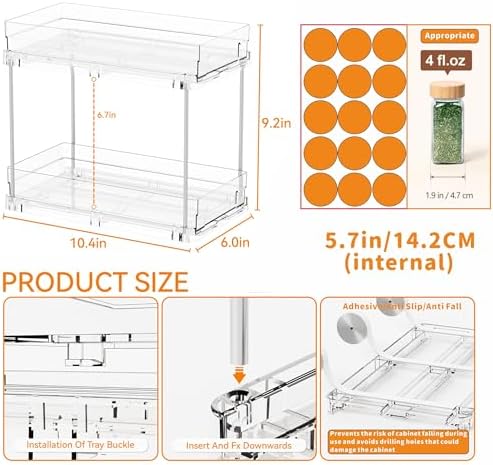 Yieach 2 Tier Vertical Spice Rack Pull Out,10.4'' Deep Narrow Slide Out Spice Rack Organizer for Inside Cabinets,Kitchen,Pantry,Cupboard Seasoning,Can,Jar Organizer and Medicine Cabinet Storage - Image 3