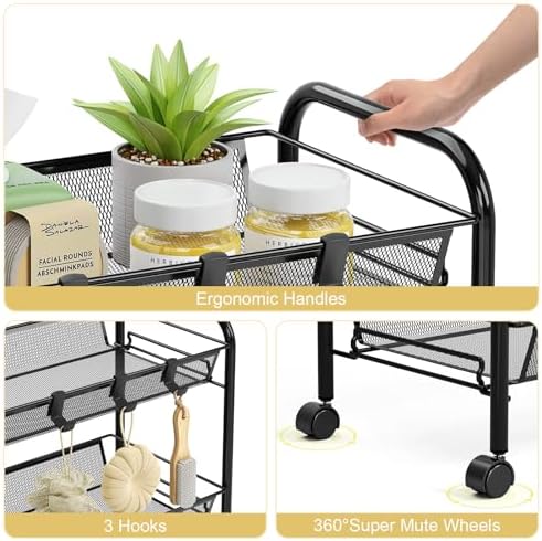 TOOLF 3 Tier Rolling Cart, Metal Utility Storage Cart with Wheels, Black - Image 5