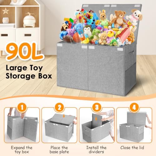Large Toy Storage Box with Lid Upgraded Toy Chest Organizer with Removable PP Divider Foldable Toy Bin for Kids Boys Girls Linen Fabric Toy Box for Playroom Nursery Bedroom (25"x13"x16") - Image 2