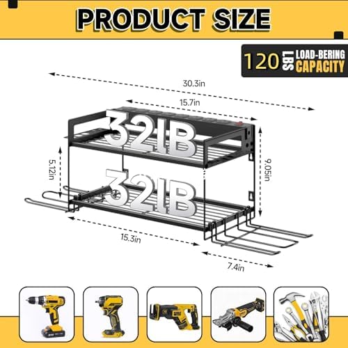 Power Tool Organizer Wall Mount, 2 Layers Heavy Duty 4 Cordless Drill Holder Tool Storage Rack with 8 Power Strip Battery Charging Station,Pliers Screwdrivers Organizer for Garage, Workshop,Tool Room - Image 3