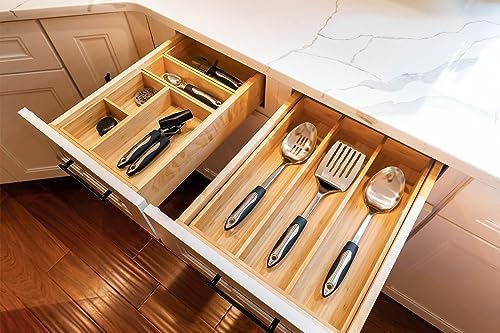 Umilife Bamboo Kitchen Utensils Organizer, Extra High Silverware Drawer Tray, Flatware Cutlery Storage Box, Multi-Use Holder in Office, Bathroom, Pantry - 15"x6"x2.5" (Set of 2) - Image 5