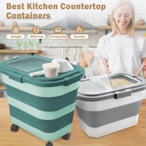 Komzon Rice Storage Container10-40 Lb, 25 Lb Pet Dog Food Storage Container, Collapsible Airtight Rice Storage Container, Rice Dispenser Bin with Cup and Scoop for Flour Cereal Pasta Grain, Cat Bird - Image 3