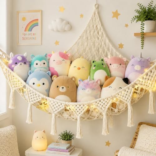 Corner Stuffed Animal Hammock, Large Handwoven Cotton Plush Toy Storage Net Compatible with Squishmallow Plush, Boho Hanging Wall Organizer Decor for Girls Bedroom, Cream White by Unknown