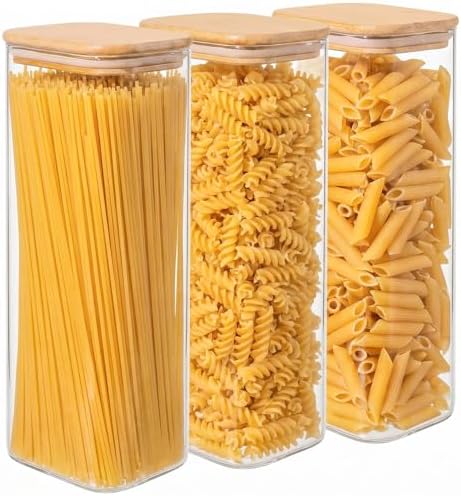 3-Pack 2.2Qt Rectangle Glass Spaghetti Jars with Bamboo Lids by Unknown
