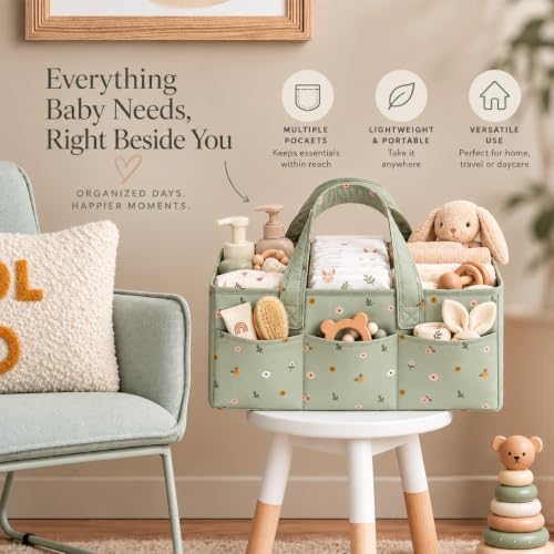 PeraBella Baby Diaper Caddy Organizer, Floral Baby Basket Shower Gift, Nursery Organizer Basket Newborn Boy & Girl Essential Items, Changing Table Organizer Caddy for Baby Stuff, Car Caddy- Sage Green - Image 4