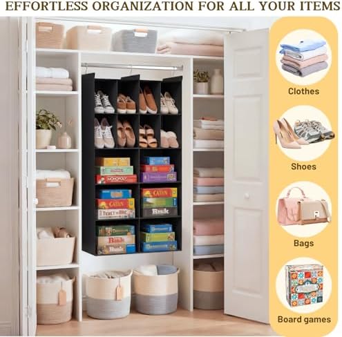 5 Tier Hanging Closet Organizer, 14 Compartments Dual Row Storage, Black - Image 6