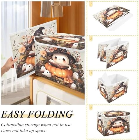 Ghost Wearing Witch Hat Storage Bins with Lids and Carrying Handle,Foldable Storage Boxes Organizer Containers Baskets Cube with Cover for Home Bedroom Closet Office - Image 4