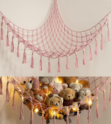 Stuffed Animal Toy Storage Hammock with LED Light - Macrame Jumbo Doll Corner Stuff Animals Organizer Decorations - Cute Hanging Plushie Net Kids Baby Nursery Bedroom Room Decor by TCGPRO