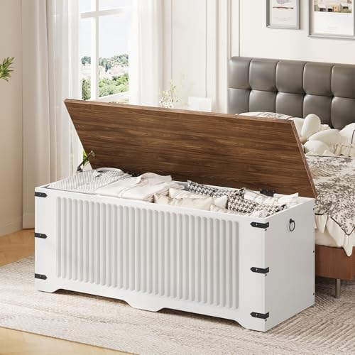 HOOBRO Storage Bench, Toy Box Organizer, Toy Chest with Safety Hinge, Farmhouse Style Storage Chest, 39.3 x 15.7 x 17.7 Inches for Living Room, Bedroom, Entryway, White and Walnut WH26CW01 - Image 4